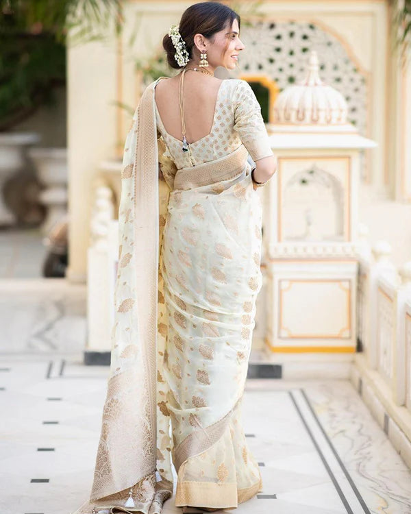 Womenline White Color Banarasi All over Jacquard Soft Silk Saree