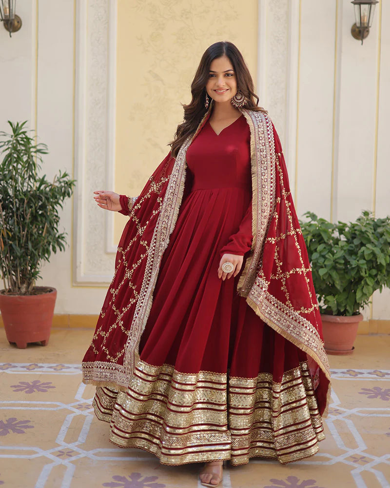Womenline Designer Maroon Color Blooming Sequence Embroidery Work Gown