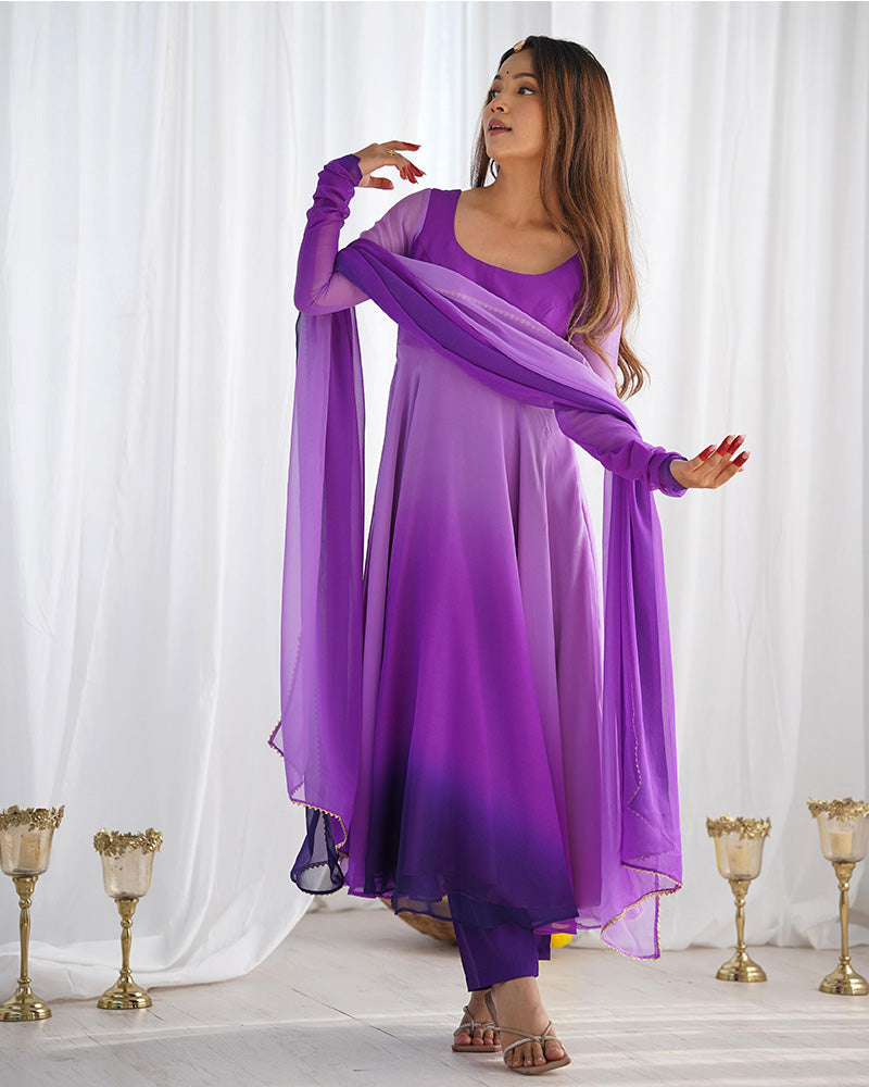 Womenline Multi Purple Color Georgette Three Piece Anarkali Suit