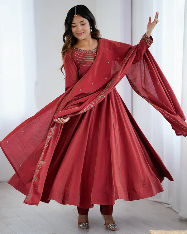 Womenline Maroon Color Roman Shimmer Chanderi Silk Three Piece Anarkali Suit