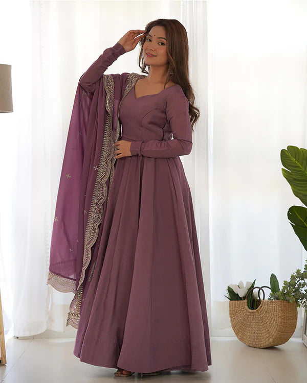 Womenline Onion Color Pure Chanderi Silk Three Piece Anarkali Suit