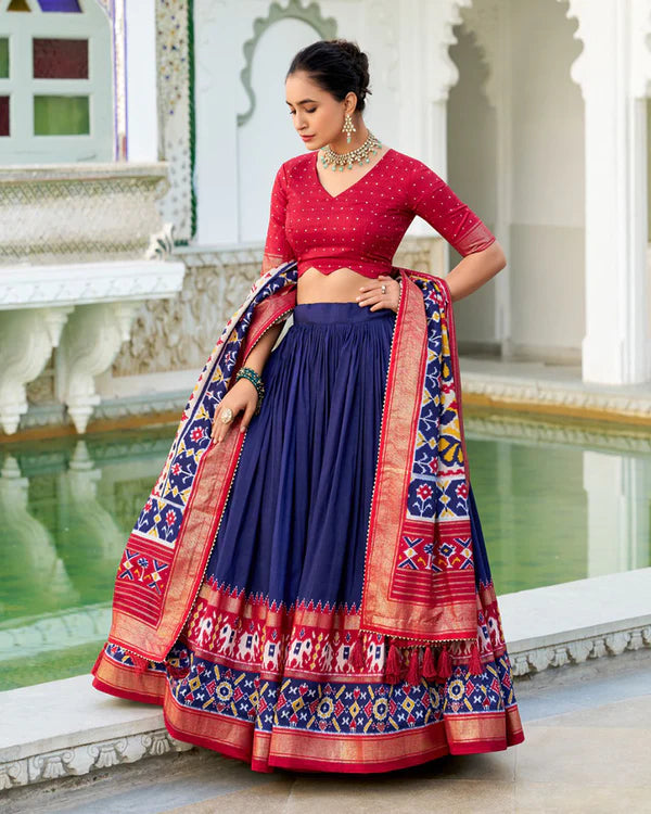 Womenline Navy Blue Color Tussar Silk Patola Printed Half Saree