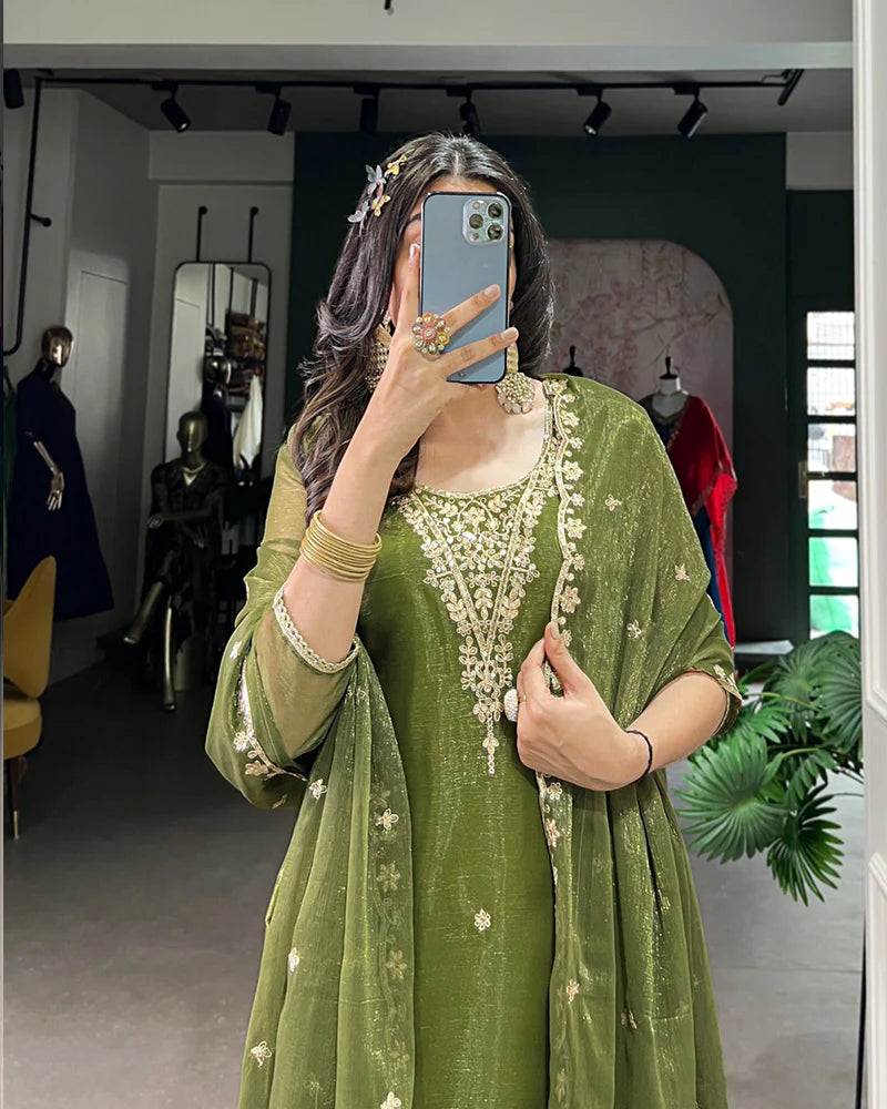 Womenline Olive Green Color Gold Coin Three Piece Kurti Suit