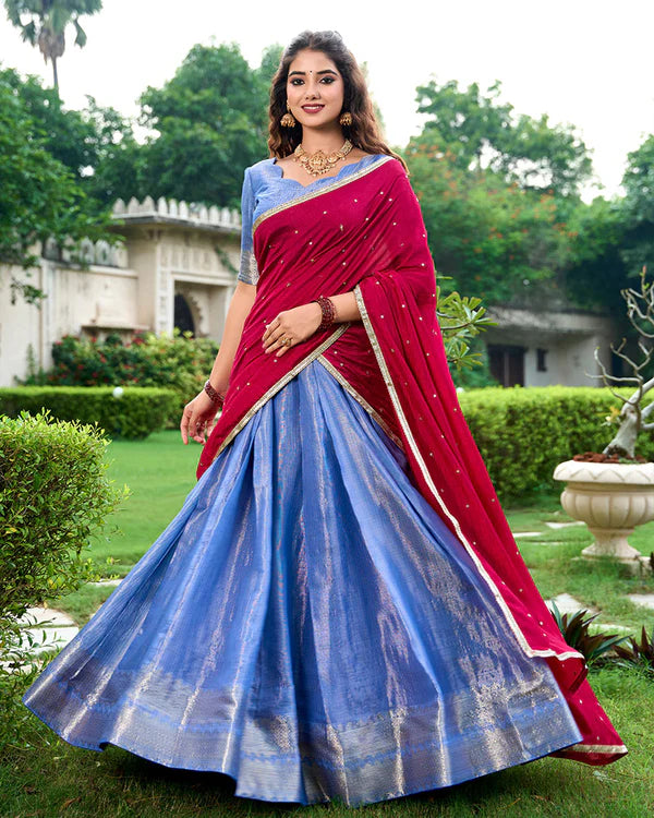 womenline Blue Color Kanchipuram Designer Half Saree