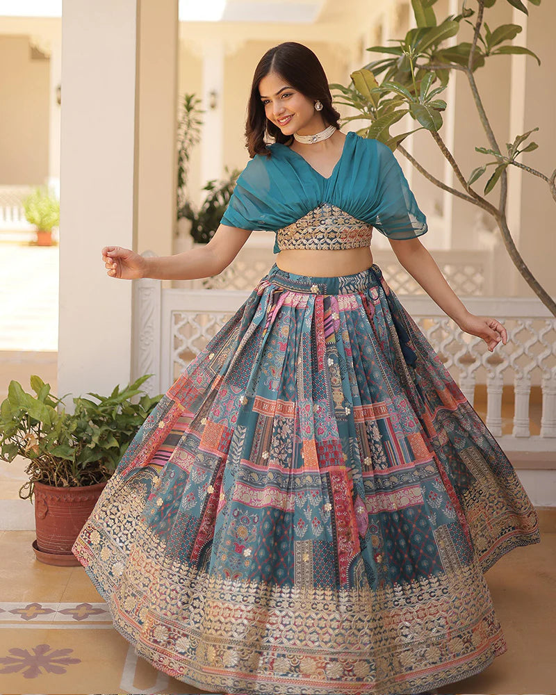 Womenline Rama Color Designer Russian Silk Embroidery Crop Top Lehenga Choli