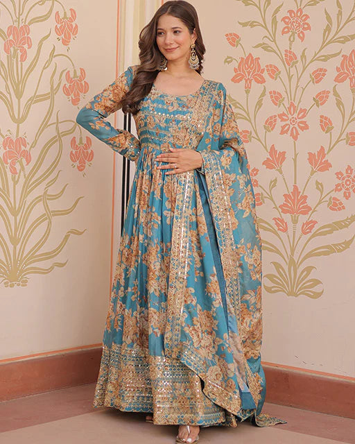 Womenline Sky Blue Color Russian Silk Embroidered Gown