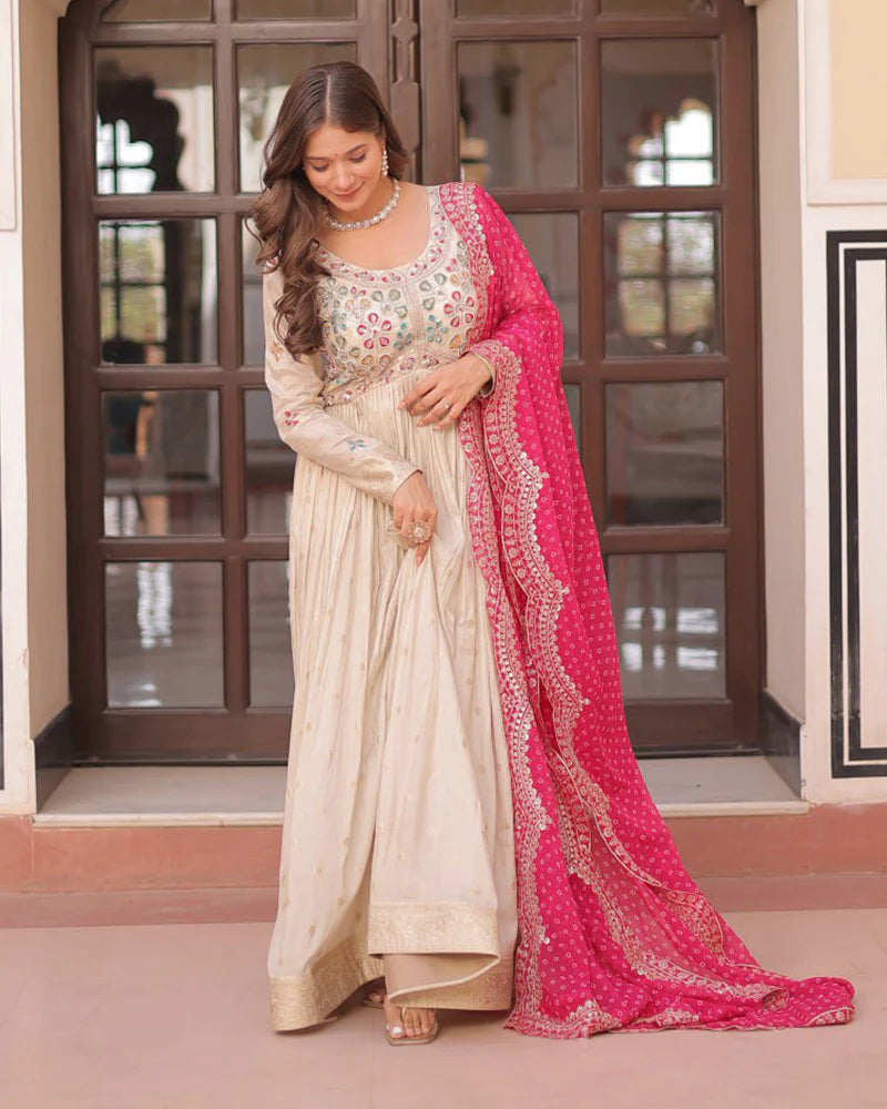 Womenline Off-White Color Jacquard Gown With Pink Dupatta