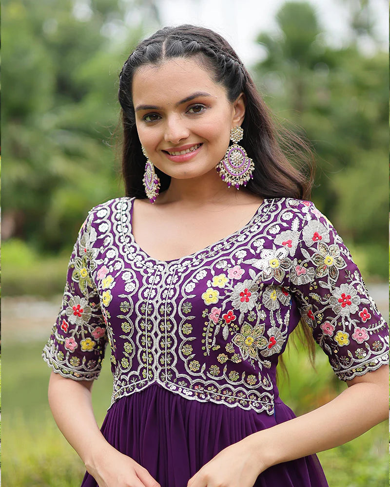 Womenline Purple Color Faux Blooming Embroidered Gown