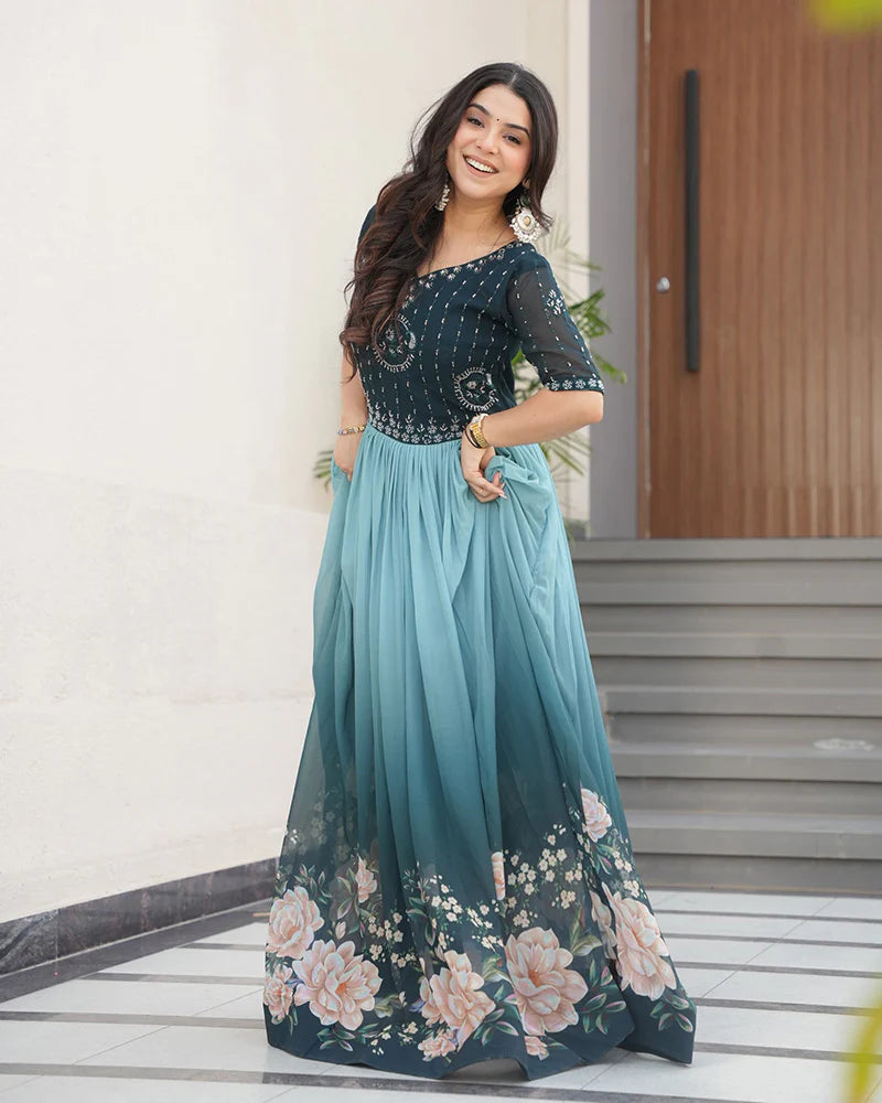 Womenline Rama Color Faux Blooming Embroidered work Gown