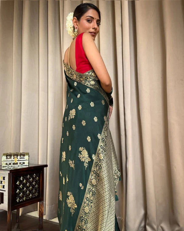 Womenline Dark Green Color Big Flower Design Banarasi Soft Silk Saree