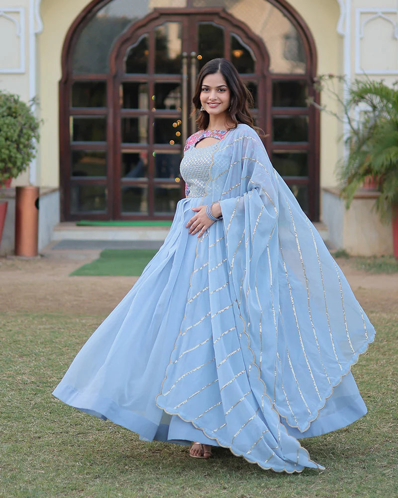 Womenline Sky Blue Color With Fancy Neck Faux Georgette Designer Anarkali Suit