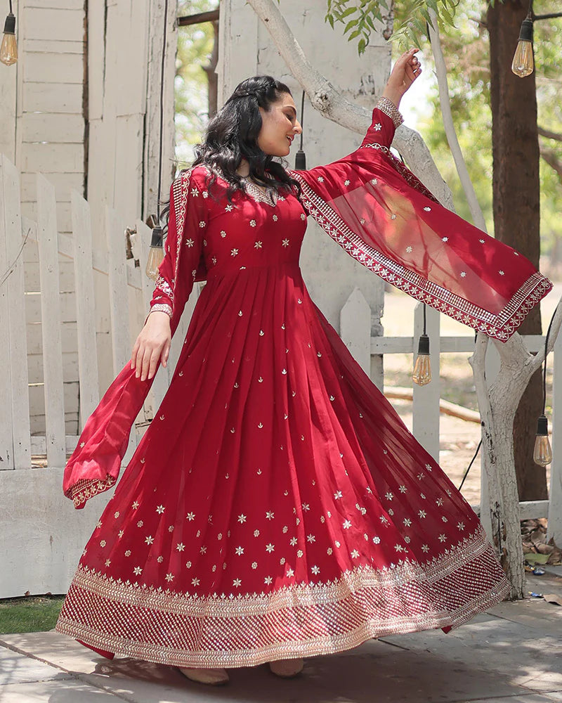 Womenline Designer Maroon Color Faux Blooming Embroidered Gown