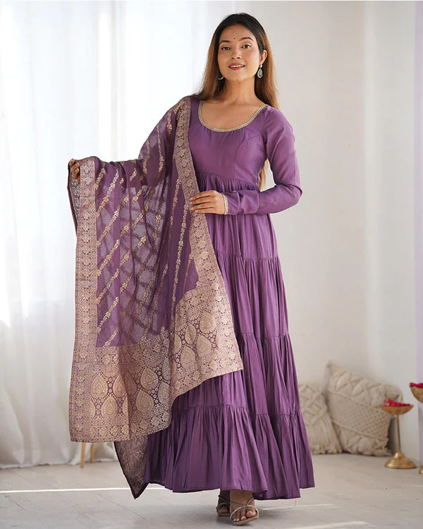 Womenline Dusty Purple Color Pure Roman Silk Ruffle Style Anarkali Suit