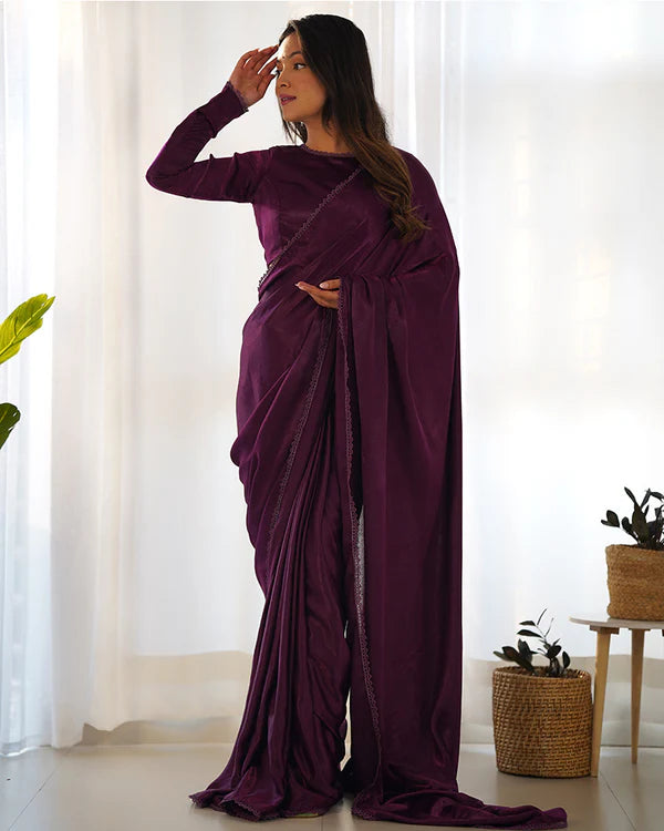 Womenline Wine Color Marble Velvet Saree