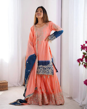 Womenline Peach Color Chinnon Sequence Work Plazzo Suit