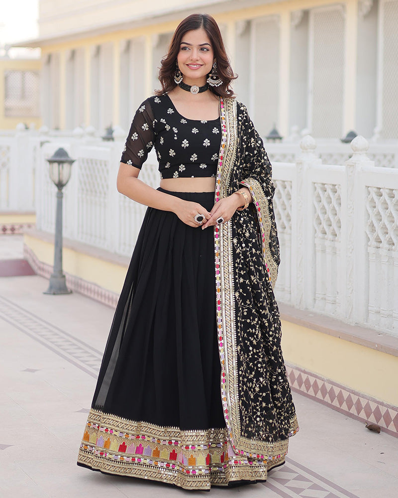Womenline Black Color Georgette Sequence Embroidered Lehenga Choli