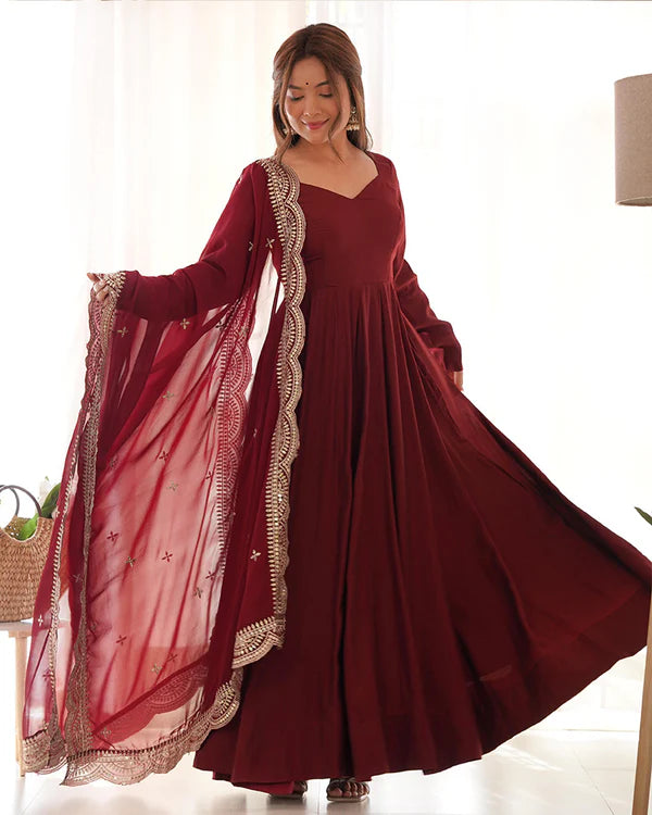 Womenline Beautiful Maroon Color Pure Chanderi Silk Three Piece Anarkali Suit