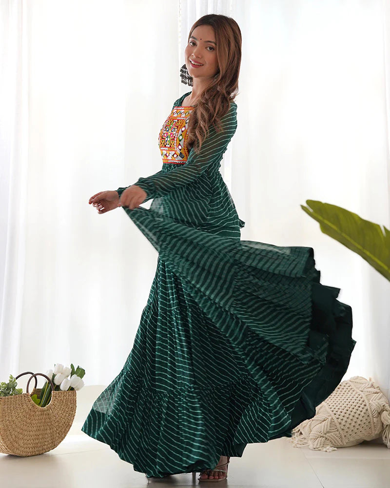 Womenline Green Color Georgette Laheriya Print Navratri Gown