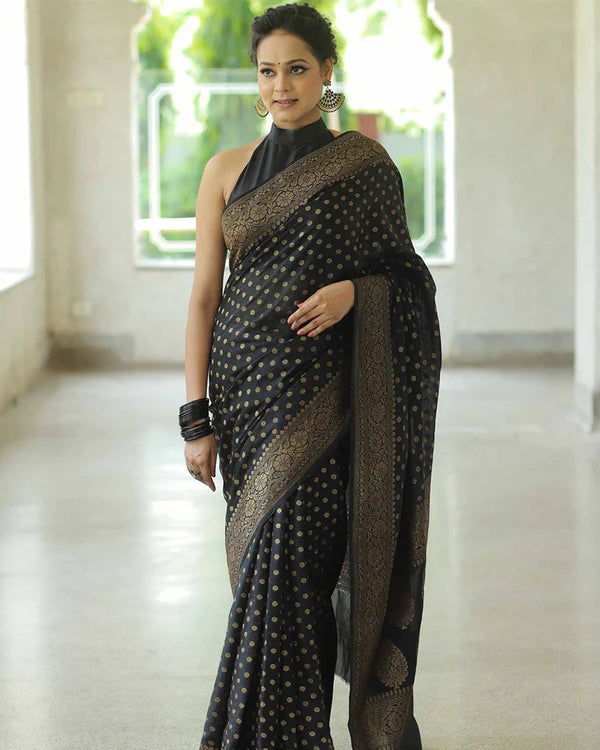 Womenline Black Color Banarasi Jacquard Soft Silk Saree