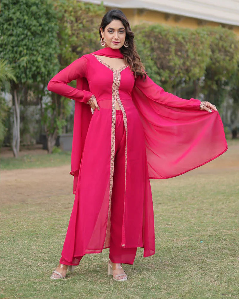Womenline Western Designer Rani Pink Color Georgette Three Piece Kurti Suit