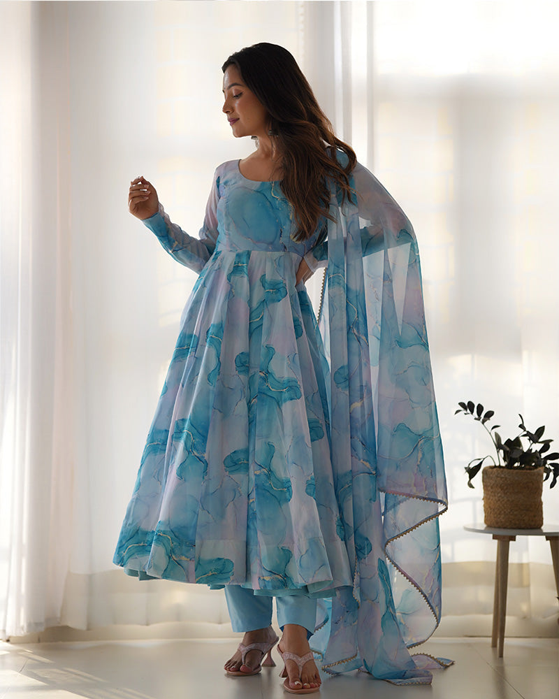 Womenline Sky Blue Color Pure Soft Organza Three Piece Anarkali Suit