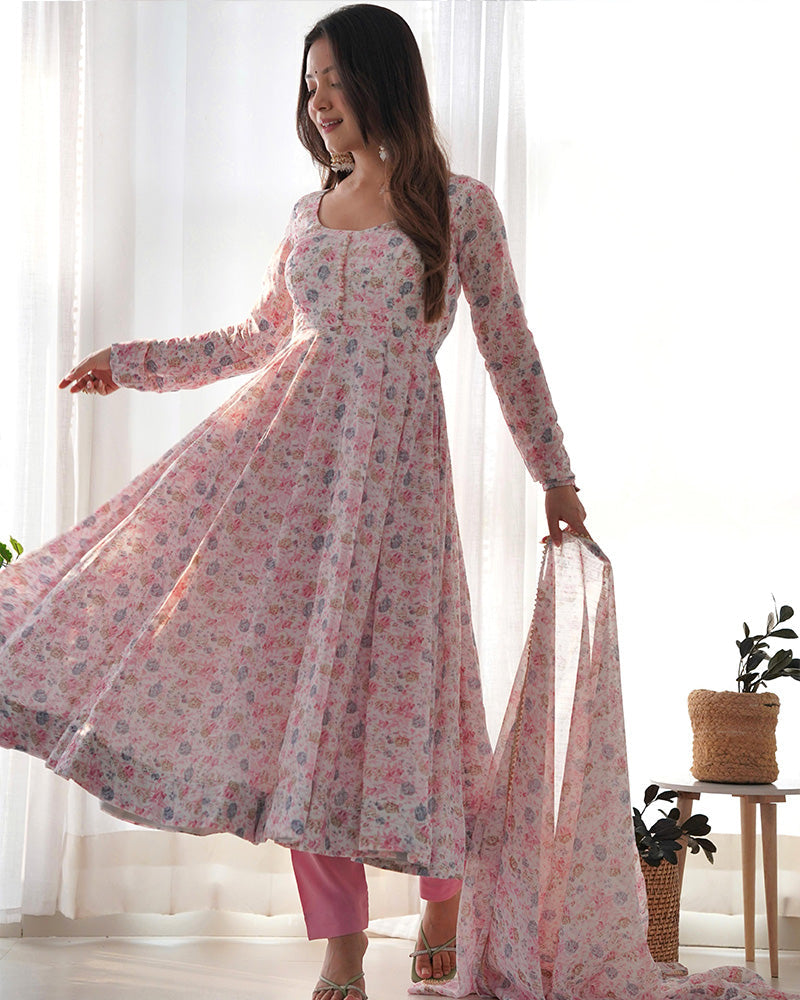 Womenline Baby Pink Color Heavy Chiffon Floral Print With Full Flair Three Piece Anarkali Suit