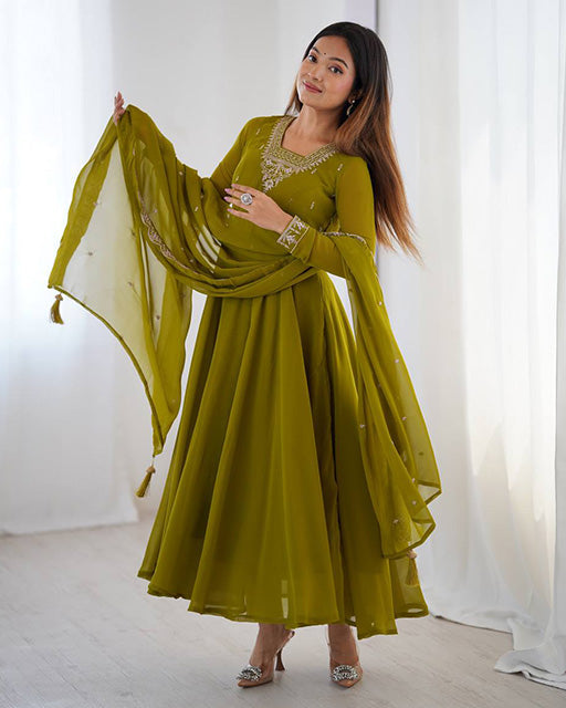 Womenline Mehndi Green Color Georgette Embroidered Three Piece Anarkali Suit