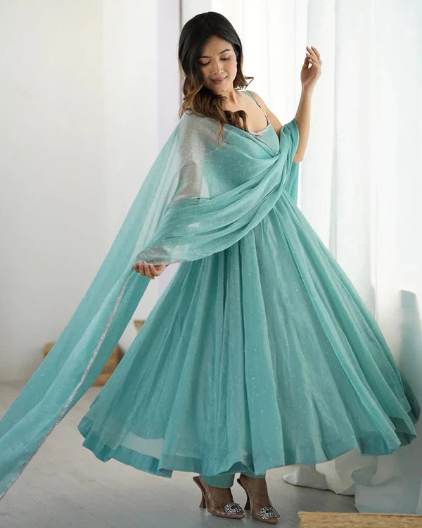 Womenline Sky Blue Color Crunchy Silk Three Piece Anarkali Suit
