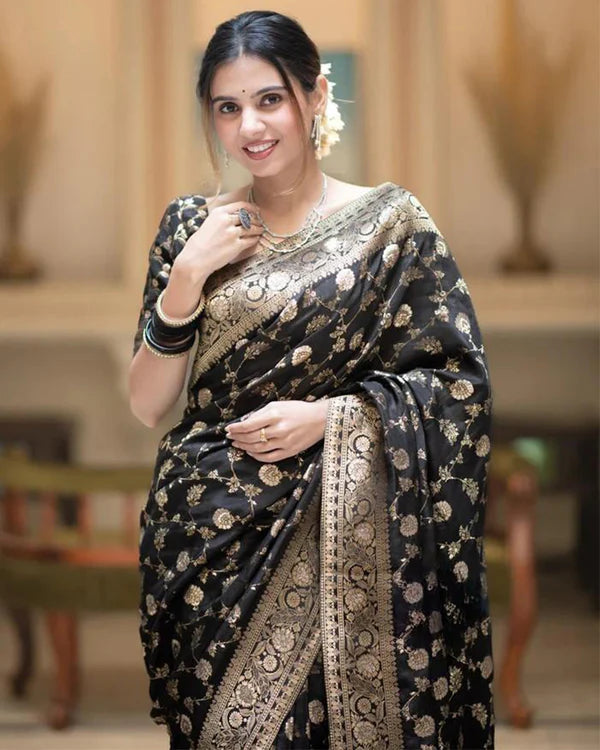 Womenline Black Color Banarasi Jacquard With Zari Work Saree