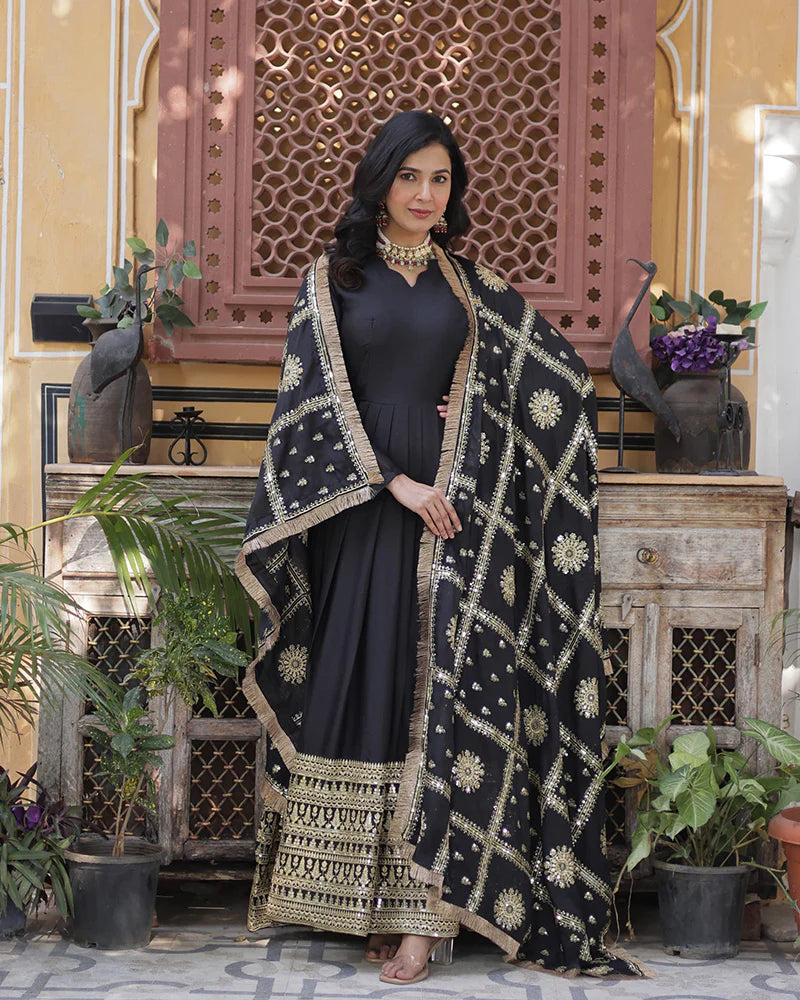 Womenline Black Color Star Georgette Sequence Embroidered Gown