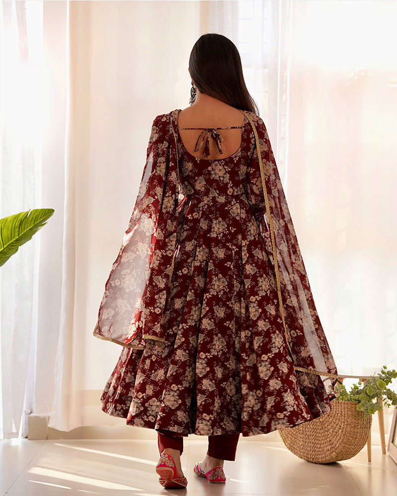 Womenline Dark Maroon Color Georgette Three Piece Anarkali Suit