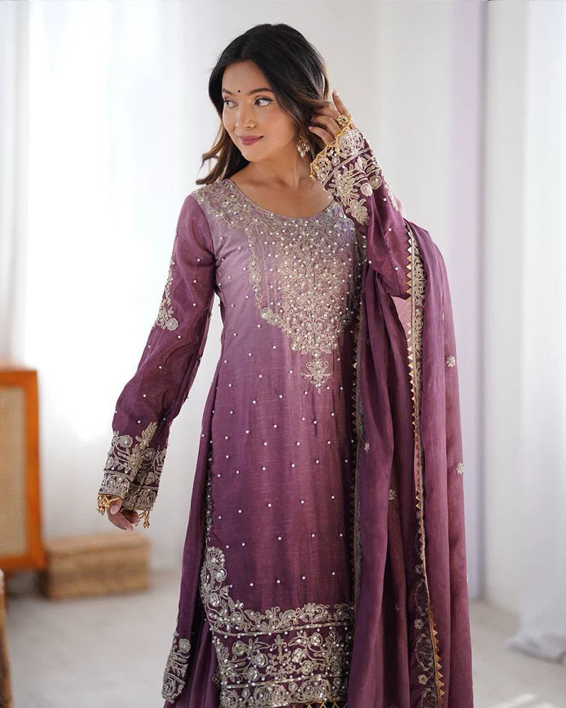 Womenline Onion Color Chinnon Sequence Work Plazzo Suit