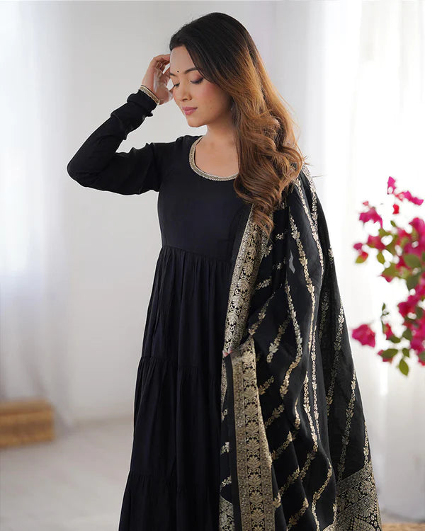 Womenline Black Color Pure Roman Silk Ruffle Style Anarkali Suit