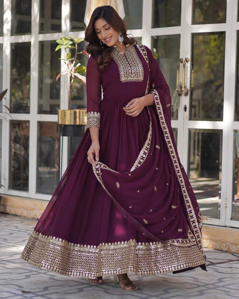 Womenline Wine Color Faux Blooming Rich Embroidered Work Gown