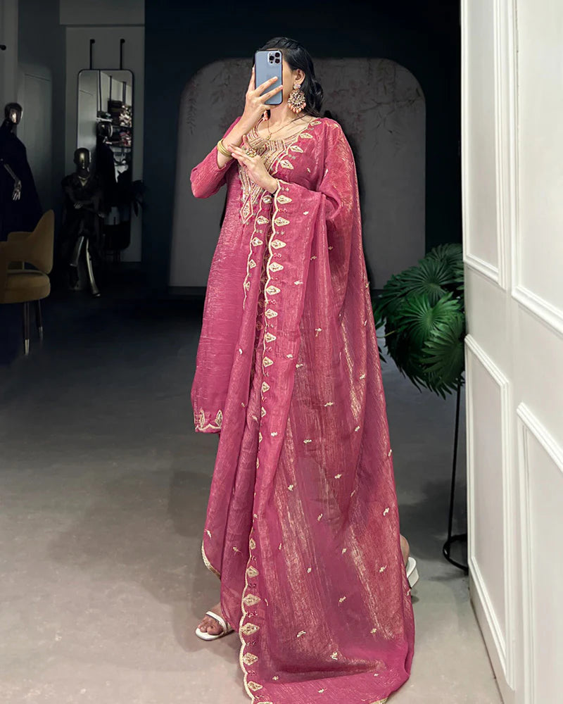 Womenline Pink Color Silver Glory Three Piece Kurti Suit