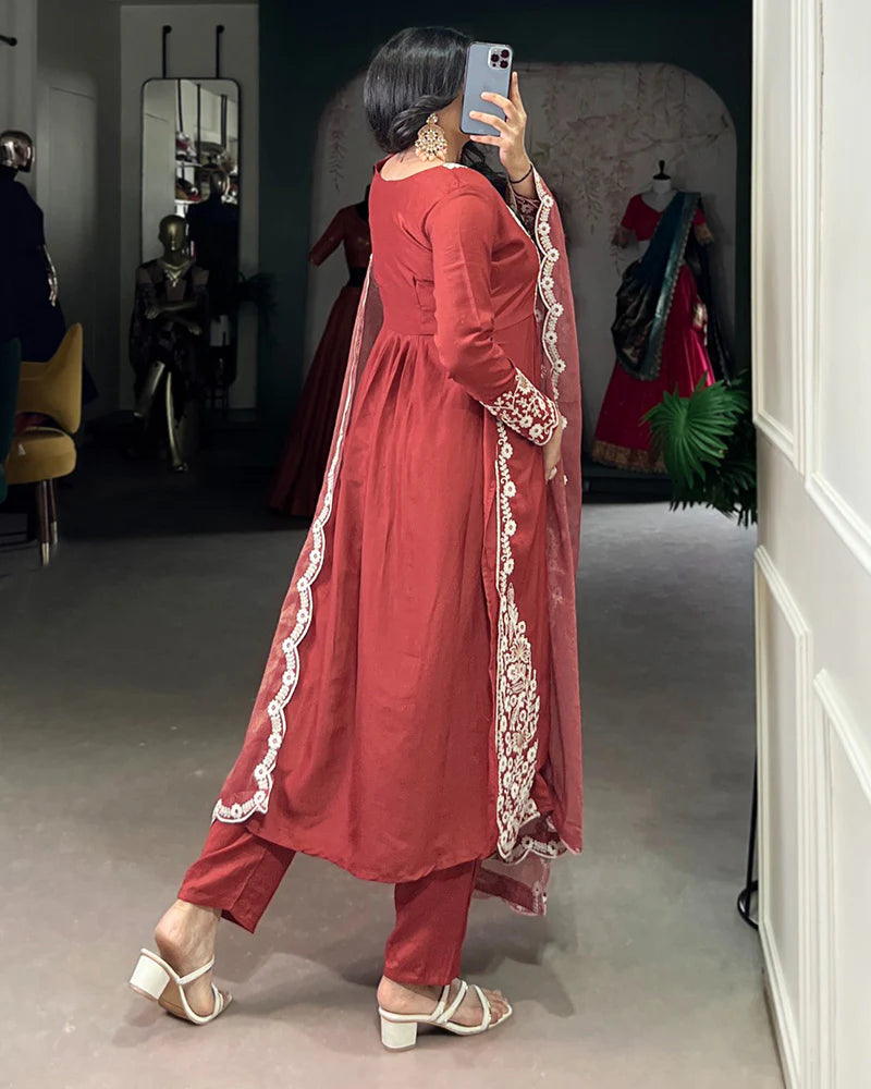 Womenline Rust Orange Color Maska Cotton Three Piece Kurti Suit