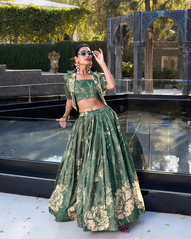 Womenline Bottle Green Color Tussar Silk Lehenga Choli With koti