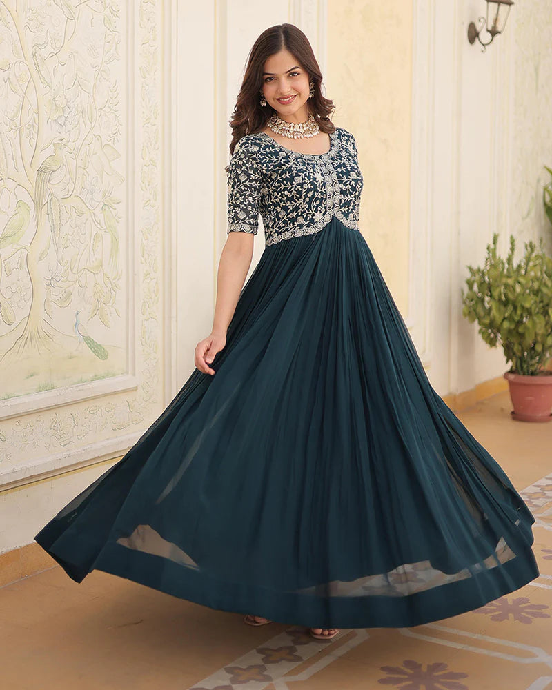 Womenline Rama Color Faux Blooming Zari sequence Embroidered Gown