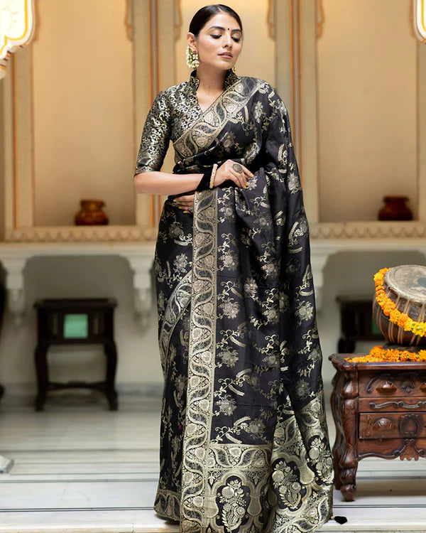 Womenline Black Color Banarasi Jacquard Zari Weaving Saree