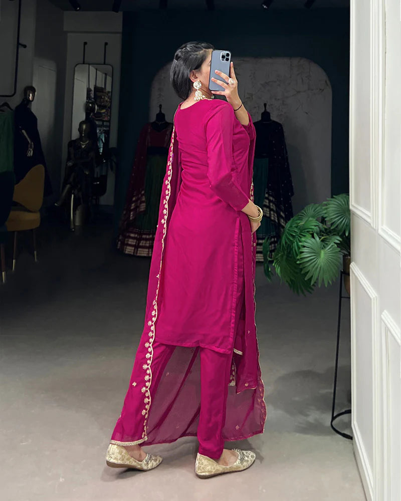Womenline Pink Color Organza Three Piece Kurti Suit