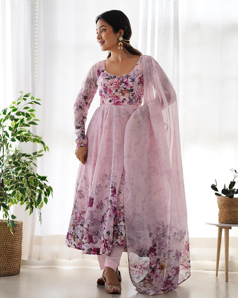 Womenline Baby Pink Color Floral Print Organza Three Piece Anarkali Suit