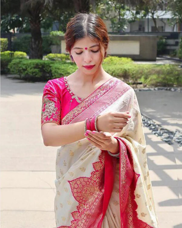 Womenline Pink And Cream Color Banarasi Jacquard Soft Silk Saree