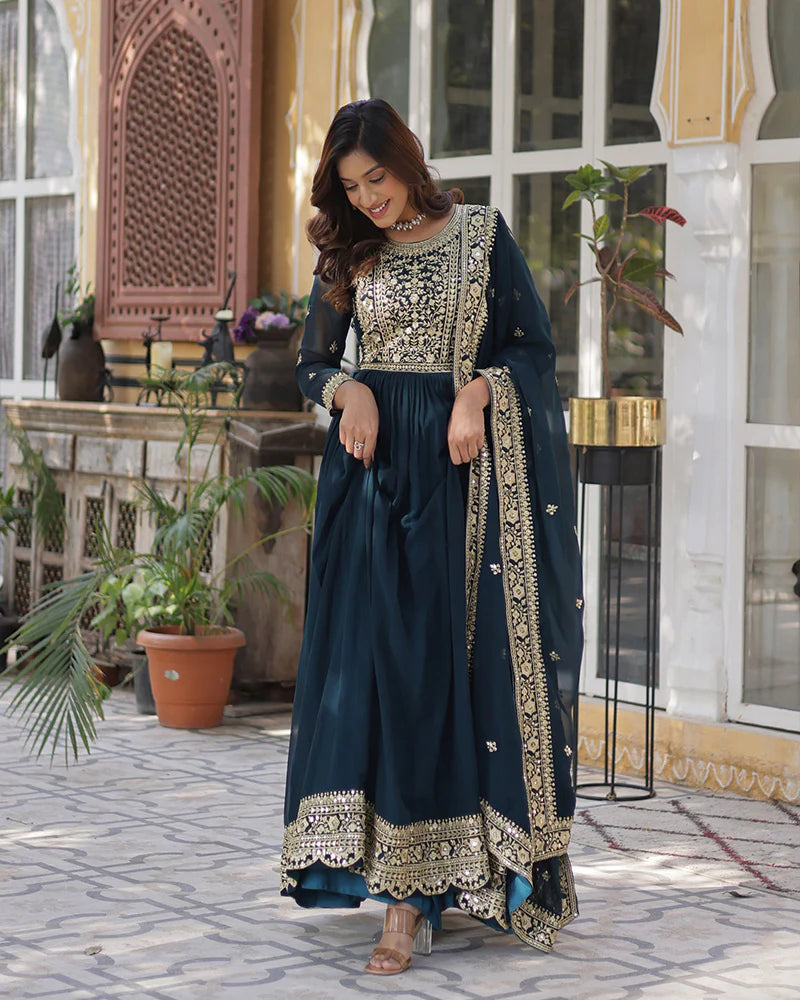Womenline Rama Color Faux Blooming Embroidered Gown