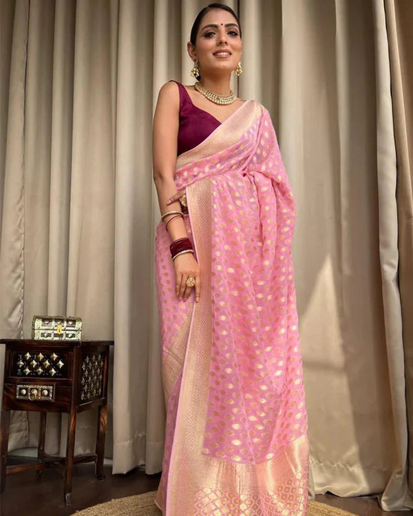Womenline Beautiful Baby Pink Color Banarasi Jacquard Weaving Saree