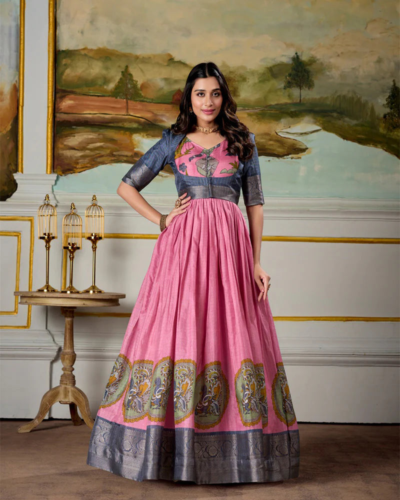 Womenline Pink Color Dola Silk Kalamkari Gown With koti