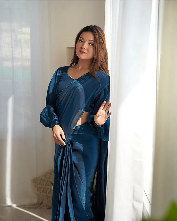 Womenline Teal Blue Color Soft Organza Saree
