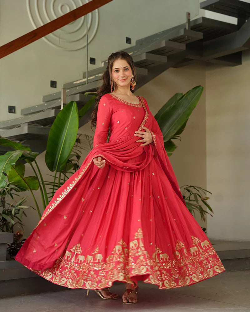 Womenline Peach Color Chinon Silk Sequins Embroidered Gown