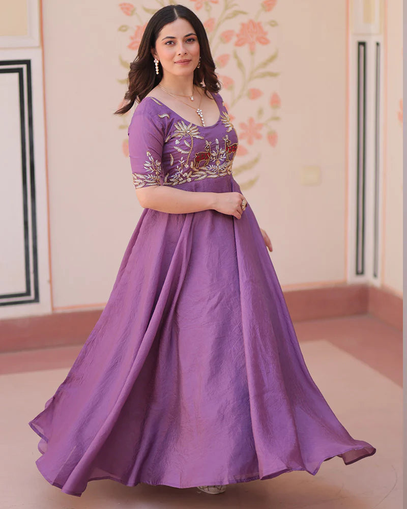 Womenline Lavender Color Gold Crush Embroidered Work Gown