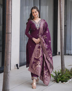 Womenline Wine Color Roman Silk Embroidered Three Piece Kurti Suit