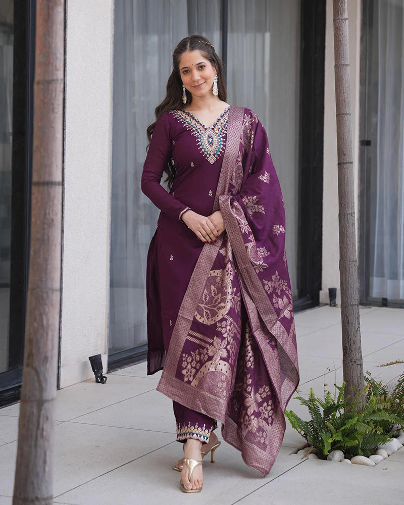 Womenline Wine Color Roman Silk Embroidered Three Piece Kurti Suit